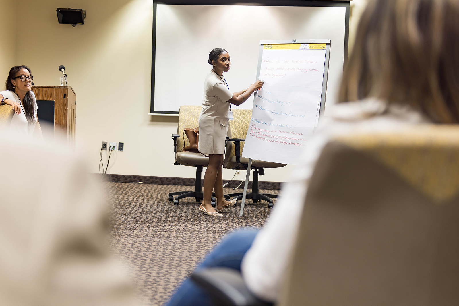 5th Haiti Funders Conference 2023.

A black woman in a white dress is standing in front of the room, delivering a lecture. 

https://www.haitidevelopmentforum.org/funders-conference