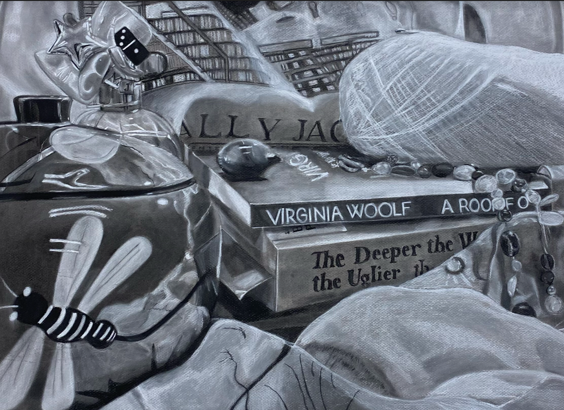 still life of bedroom objects done in charcoal
