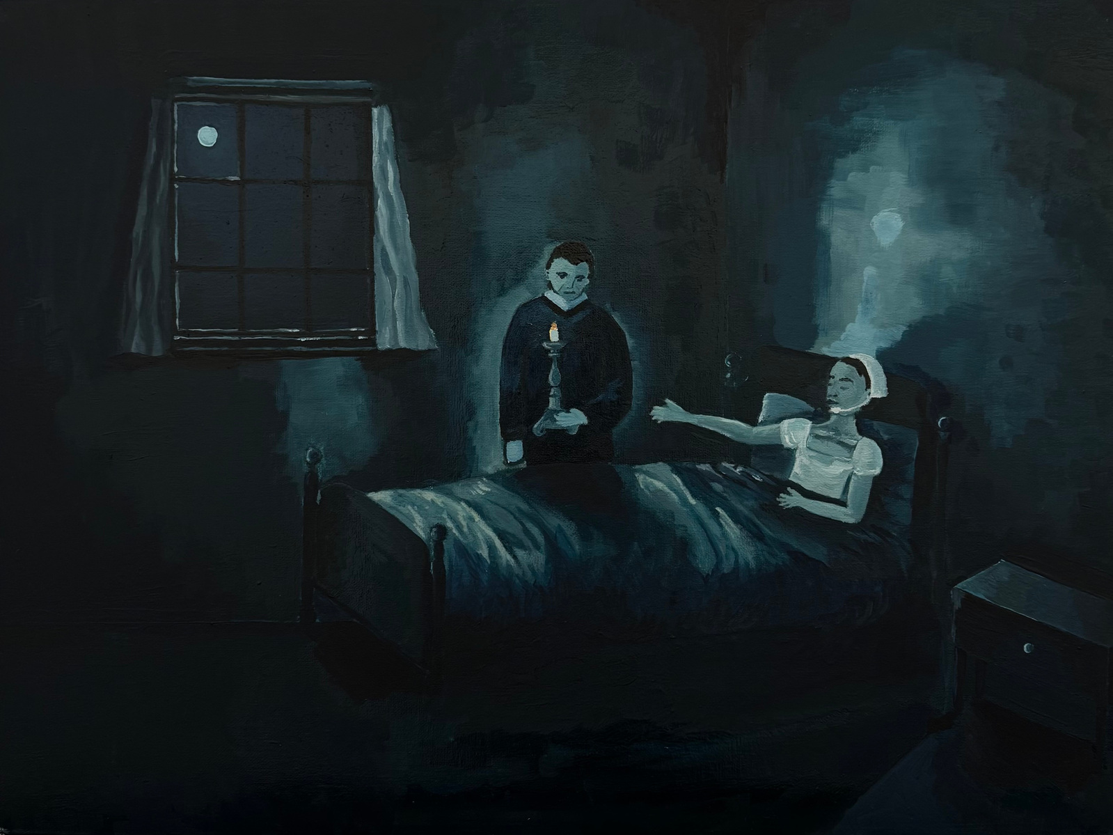 oil painting of scene from Les Miserables where Fantine dies and Jean Valjean promises to take care of her daughter, Cosette