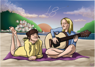 Ondarreta-playa-amigas-lagunak-18-oprai-regalo-gitarra-Donostia-illustration-portrait-ttaka-marrazkilari-digital