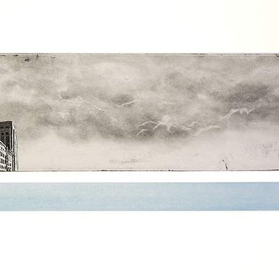 An illustration of a building facade on the extreme left, and a tumultuous cloudy sky. Underneath, there is a bar of blue.