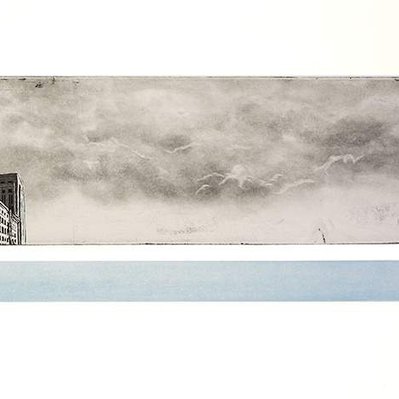 An illustration of a building facade on the extreme left, and a tumultuous cloudy sky. Underneath, there is a bar of blue.