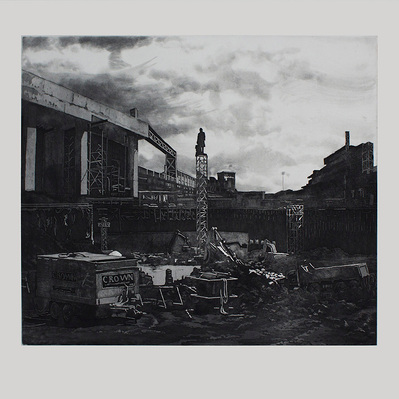 A black and white illustration of a construction pit, surrounded by concrete arches. In the centre, a statue of a figure is rising out of the construction site on a scaffold. 