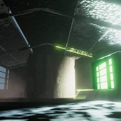 A computer-generated image of several dark buildings seeming to intersect, illuminated by green and blue lights.