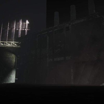 A computer-generated image of several dark, boxy modernist buildings.