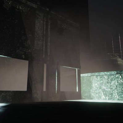 A computer-generated image of several dark buildings seeming to intersect, illuminated by green and blue lights.