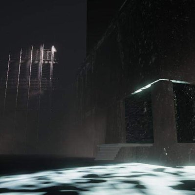 A computer-generated image of several dark buildings seeming to intersect, illuminated by green and blue lights.