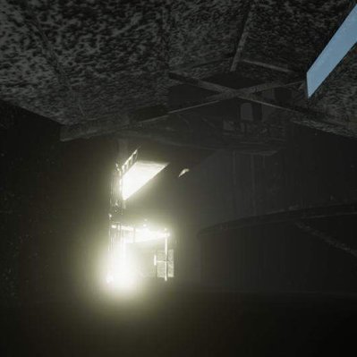 A computer-generated image of several walls and windows intersecting, illuminated by a single light source, and otherwise quite dark.