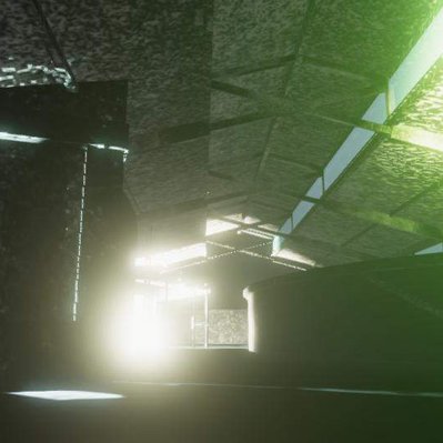 A computer-generated image of several dark buildings seeming to intersect, illuminated by green and blue lights.