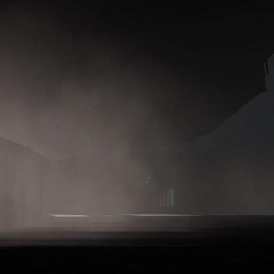 A computer-generated image of a dark cylindrical structure, emerging from a swirling cloud of mist.