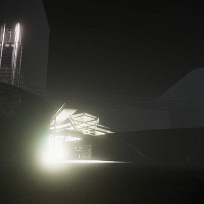 A computer-generated image of several dark, boxy modernist buildings.