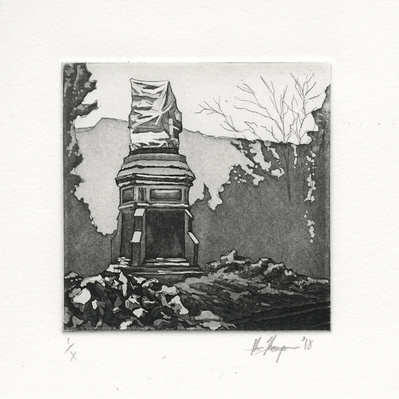 A black and white illustration of a monument pedestal, with an amorphous form wrapped in tarps atop it. There are trees in the background.