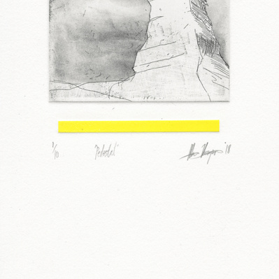A monochromatic illustration of a monument pedestal, with a cube of billboards atop it. Underneath, there is a narrow band of bright yellow.