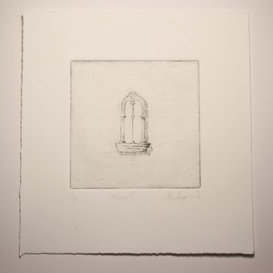 A black and white line etching of a gothic window on an empty field.