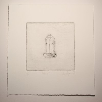 A black and white line etching of a gothic window on an empty field.
