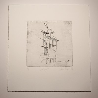 A black and white line etching of parts of a condominium construction, on a blank field.