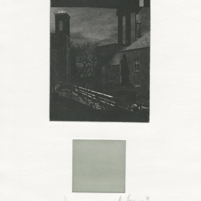 A black and white photographic print showing a statue and clustered buildings under a raised highway. Under the photographic image, there is a silver-green square.