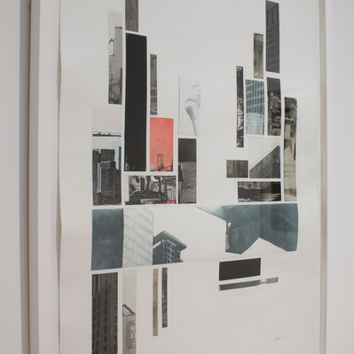 An abstracted composition, made from rectangular segments of prints of architectural details collaged together onto a larger sheet of paper.