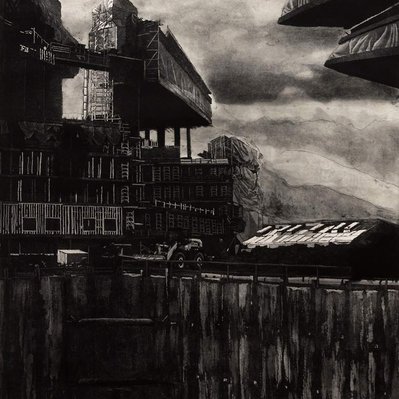 A black and white illustration of a construction excavation, with several tarp-wrapped structures behind it.