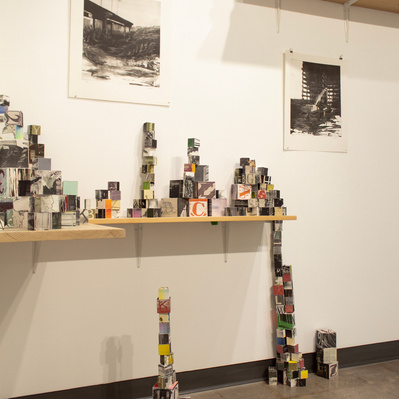 An installation of hundreds of blocks of various sizes stacked on shelves at various heights. Each block has printed imagery adhered to each side.