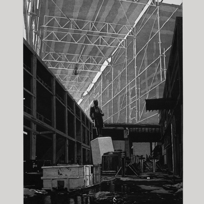 A black and white illustration of a statue, leaning precariously over a construction dumpster surrounded by debris. In the background, concrete arches and overpasses stand under a distant scaffold ceiling, far above the whole scene.