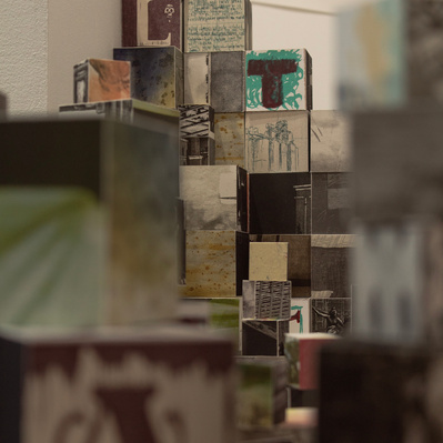 An installation of hundreds of blocks of various sizes stacked on top of white plinths. Each block has printed imagery adhered to each side.