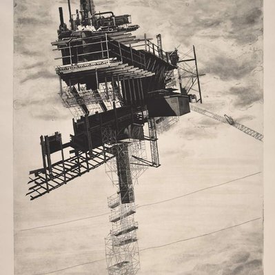 A precarious structure made from scaffolds, support beams, and smokestacks is perched atop a spindly set of struts, leaning away towards the left.