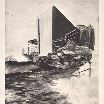 a blank faced, boxy structure with a few scaffolds around it stands in the centre of the image, some distance away. A pathway of broken up concrete and stone leads towards it, while beneath it and to the left, the ground appears to disappear.