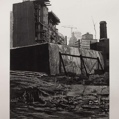 A black and white illustration of a wall covered in tarps, with a support brace holding it up. Behind the wall, a condominium construction looms, while a domed civic building is far in the distance.