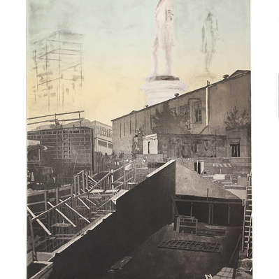 An illustration of a pair of statues looking over a large warehouse structure, with construction debris and concrete casting forms dominating the foreground. The image is black and white, with a pale yellow-to-green blend in the sky.