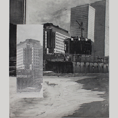 An illustration of a series of glass and steel condo towers and office buildings in front of a beach.