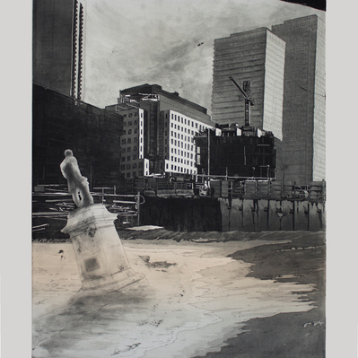 A statue on a tall pedestal faces away from us, and appears to be sinking into the sand of a beach. In the distance, a series of tall steel and glass structures dominate the skyline.