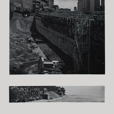 A two-panel illustration showing a construction pit filled with water, and an equestrian statue of Edward VII at the bottom of the pit, falling over. The lower panel shows a short flight of stairs, flanked by lion statues.