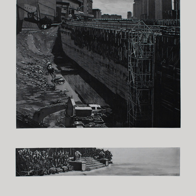 A two-panel illustration showing a construction pit filled with water, and an equestrian statue of Edward VII at the bottom of the pit, falling over. The lower panel shows a short flight of stairs, flanked by lion statues.