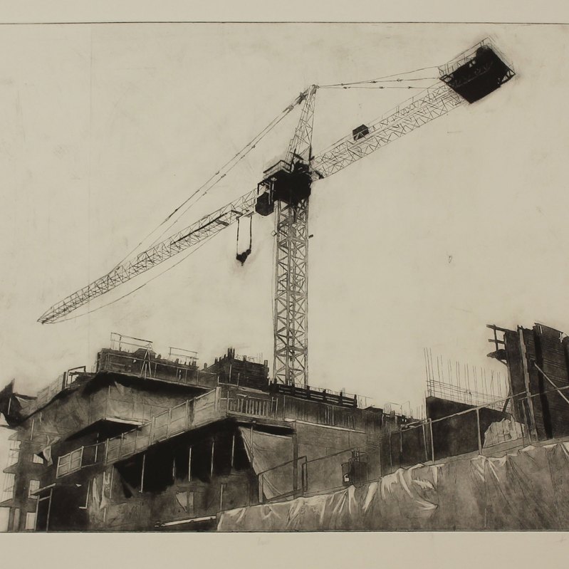 A black and white illustration of a crane over a building under construction.