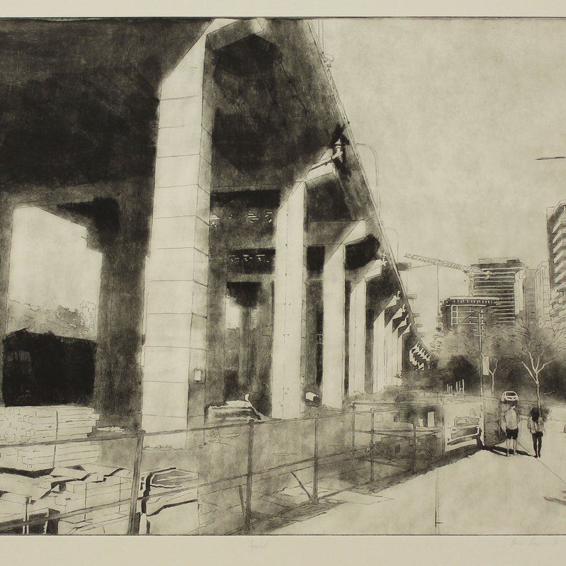 A black and white illustration of the concrete supports for an elevated roadway.