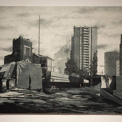 A monochromatic collage of architecture, including a neo-gothic school, a heap of tarps, a few dumpsters, a parking garage, and a condo building.