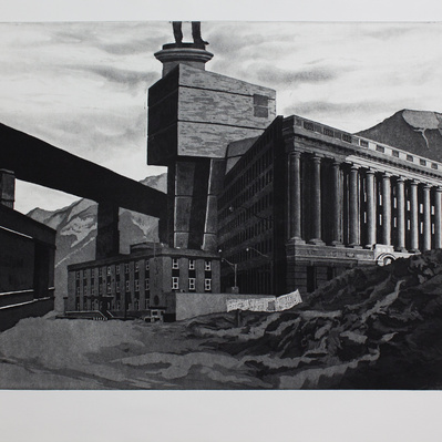 A collage of architecture, with a columned facade, small non-descript modernist building, large concrete block, and part of a highway overpass stretching across the illustration. 
