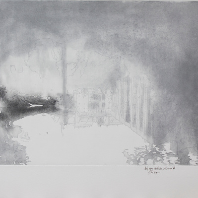 A hazy illustration of a collapsed statue, almost entirely covered by still water, which is reflecting fragments of architecture and surrounding trees.