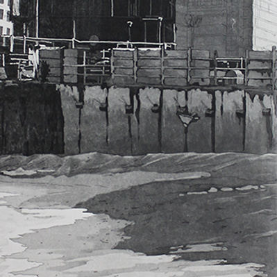 An illustration in black and white of a crane emerging from an in-progress tower, with a beach in the foreground.