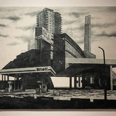 A monochromatic collage of architecture, with a gas station and set of modernist pillars holding up concrete and glass masses of brutalist and modernist school structures. A bell tower rises on the right, and a distant apartment building is in the centre.