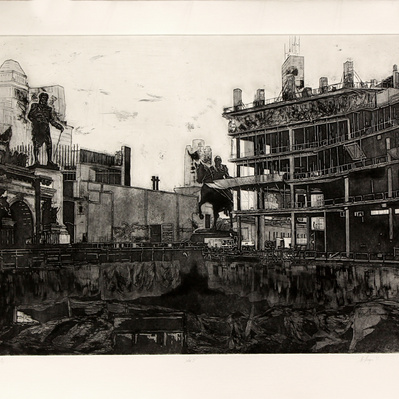 A black and white illustration showing a construction excavation in the foreground, with an equestrian statue in the distance. Another statue looks over the pit on the left, and partially constructed concrete towers stand to the left and right.