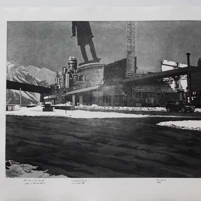 A black and white illustration of an oil refining facility, with several raised roadways and a towering statue leading out from it.