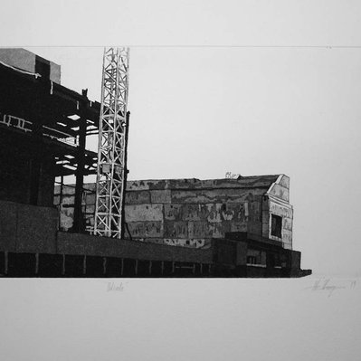 A black and white illustration of a concrete wall in front of a dark steel support structure, with the base of a crane rising alongside it.