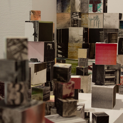 An installation of hundreds of blocks of various sizes stacked on top of white plinths. Each block has printed imagery adhered to each side.