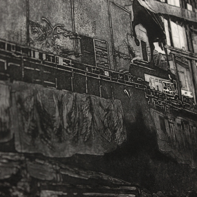 A detail of the previous illustration, showing the textures of the sides of the excavation.