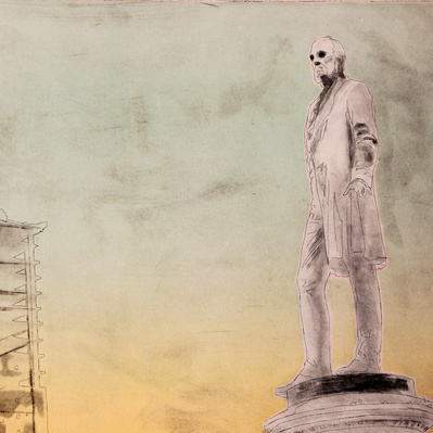 A n illustration or a pair of statues wearing long coats, one facing the viewer, the other facing away. The sky beyond them is a blend running from yellow to green.