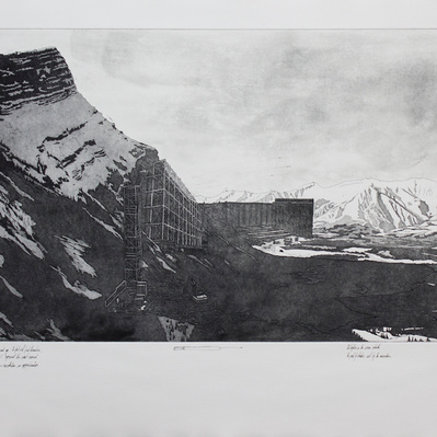 A black and white illustration of a distant mountain, with a construction excavation carved into its side.