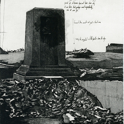 An illustration of a statue's pedestal, surrounded by debris. The feet of the statue float some distance above the pedestal. There are notes made on the surface of the print.