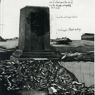 An illustration of a statue's pedestal, surrounded by debris. The feet of the statue float some distance above the pedestal. There are notes made on the surface of the print.